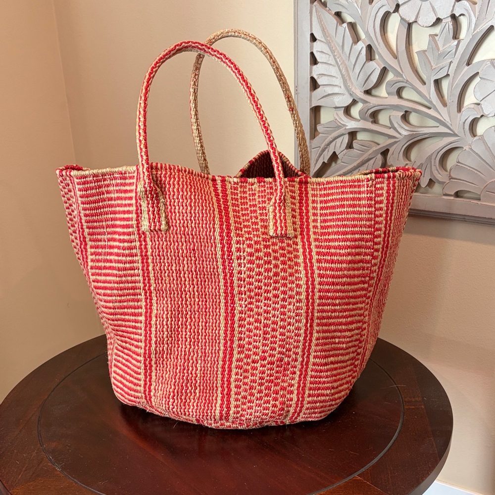 Lucky Brand Vibrant Red and Tan Woven Tote